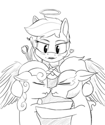 Size: 1228x1472 | Tagged: safe, artist:dacaoo, derpibooru import, king sombra, rainbow dash, sweetie belle, angel, pegasus, pony, unicorn, boop, eyes closed, halo, holiday, horn, horns are touching, monochrome, noseboop, now kiss, tsundere, valentine, valentine's day