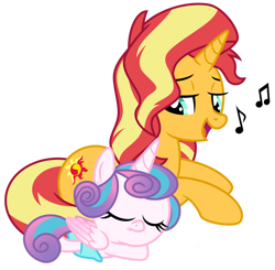 Size: 1024x1002 | Tagged: safe, artist:emeraldblast63, derpibooru import, princess flurry heart, sunset shimmer, auntie sunset, baby flurry heart, cute, flurrybetes, gentle giant, lullaby, music notes, prone, simple background, singing, sleeping, transparent background