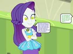 Size: 801x598 | Tagged: safe, derpibooru import, edit, edited screencap, editor:thomasfan45, screencap, rarity, human, better together, equestria girls, sock it to me, 1000 hours in ms paint, bare arms, blouse, bracelet, brainwashed, canterlot high, clothes, crossed arms, cute, description is relevant, female, hallway, happy, hypnosis, implied sweetie belle, jewelry, lockers, mind control, necklace, obedience, offscreen character, pendant, request, servant, skirt, smiling, solo, speech bubble, story included