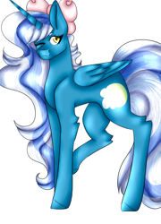 Size: 2287x3175 | Tagged: safe, artist:uczuciatm, derpibooru import, oc, oc:fleurbelle, alicorn, adorabelle, alicorn oc, bow, female, golden eyes, hair bow, horn, leg fluff, mare, smiling, solo, wings, winking at you