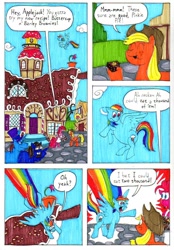 Size: 788x1134 | Tagged: safe, artist:emperornortonii, derpibooru import, applejack, pinkie pie, rainbow dash, oc, earth pony, pegasus, pony, unicorn, comic:of ponies and brownies, brownies, comic, food, rainbow trail, sugarcube corner, traditional art