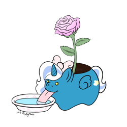 Size: 1280x1275 | Tagged: safe, artist:lib-fluffymoss, derpibooru import, oc, oc:fleurbelle, alicorn, alicorn oc, bow, bowl, cute, female, flower, golden eyes, hair bow, horn, licking, mare, rose, simple background, solo, tongue out, transparent background, water, wings