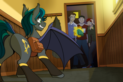 Size: 2560x1707 | Tagged: safe, artist:tf-sential, surprise, oc, oc:spark gap, bat pony, human, fanfic:fine print, bag, coat rack, dock, doorway, partial transformation, saddle bag, smiling, tail aside, transformation, wing spreading