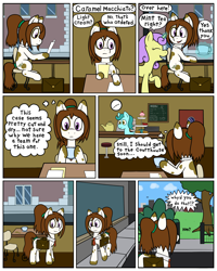 Size: 2400x3000 | Tagged: safe, artist:scraggleman, derpibooru import, oc, oc:caramel macchiato, oc:only, earth pony, unicorn, briefcase, coffee shop, comic, mug, necktie, pinto, ponytail