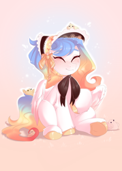 Size: 2500x3500 | Tagged: safe, artist:kebchach, derpibooru import, oc, oc only, pegasus, pony, bonnet, chick, eyes closed, freckles, raised hoof, sitting, smiling, solo