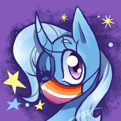 Size: 482x484 | Tagged: safe, artist:kaywhitt, derpibooru import, trixie, pony, unicorn, commission, coronavirus, covid-19, curved horn, face mask, female, horn, lesbian pride flag, mare, mask, one eye closed, pride, pride flag, solo, stars, trans girl, trans trixie, transgender, transgender pride flag, wink, ych result