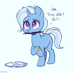 Size: 600x600 | Tagged: safe, artist:higglytownhero, derpibooru import, trixie, pony, unicorn, bandaid, blank flank, blatant lies, broken, cute, daaaaaaaaaaaw, diatrixes, female, filly, filly trixie, magic wand, mouth hold, plate, raised hoof, simple background, solo, telling lies, third person, white background, younger
