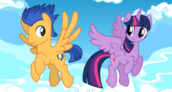 Size: 2064x1114 | Tagged: safe, anonymous artist, artist:cloudyglow, artist:osipush, derpibooru import, edit, flash sentry, twilight sparkle, twilight sparkle (alicorn), alicorn, pegasus, cloud, female, flashlight, flying, looking at each other, male, mare, shipping, sky, smiling, stallion, straight, vector, vector edit
