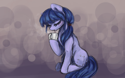 Size: 1440x906 | Tagged: safe, artist:elisdoominika, derpibooru import, oc, oc only, oc:cosmia nebula, earth pony, pony, bangs, eyes closed, food, mug, ponytail, sitting, solo, steam, tea