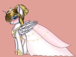 Size: 1620x1215 | Tagged: safe, artist:pearl123_art, derpibooru import, oc, oc only, alicorn, pony, alicorn oc, blushing, clothes, dress, female, hoof shoes, horn, jewelry, mare, peytral, pink background, simple background, smiling, solo, tiara, wedding dress, wings