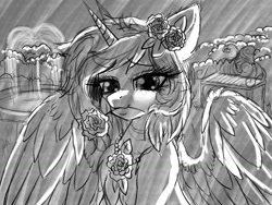 Size: 1024x768 | Tagged: safe, artist:pearl123_art, derpibooru import, oc, oc only, oc:pearl, alicorn, pony, alicorn oc, eyelashes, female, flower, flower in hair, flower in mouth, grayscale, horn, mare, monochrome, mouth hold, solo, spread wings, wings