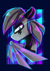 Size: 2480x3507 | Tagged: safe, artist:kiwwsplash, derpibooru import, oc, oc only, pegasus, pony, abstract background, amputee, artificial wings, augmented, bust, glowing eyes, pegasus oc, prosthetic limb, prosthetic wing, prosthetics, solo, wings