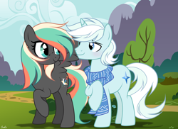 Size: 4200x3060 | Tagged: safe, artist:lazuli, derpibooru import, oc, oc only, oc:eliza skyler, pegasus, pony, unicorn, clothes, duo, female, horn, looking back, male, mare, mountain, outdoors, pegasus oc, raised hoof, scarf, stallion, tree, unicorn oc, wings