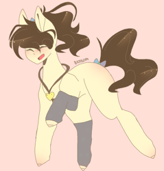 Size: 2197x2297 | Tagged: safe, artist:shinningblossom12, derpibooru import, oc, oc only, earth pony, pony, blushing, bow, earth pony oc, eyes closed, female, jewelry, leg warmers, mare, necklace, open mouth, pink background, simple background, smiling, solo, tail bow