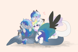 Size: 4535x3025 | Tagged: safe, artist:shinningblossom12, derpibooru import, oc, oc only, oc:kiim, oc:sugar, pegasus, pony, :o, blushing, colt, female, filly, male, mare, multicolored hair, offspring, open mouth, parents:oc x oc, pegasus oc, prone, rainbow hair, simple background, solo, stallion, wings