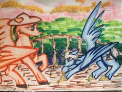 Size: 1080x810 | Tagged: safe, artist:olyaandspid, derpibooru import, alicorn, pegasus, pony, attack on titan, bust, duo, hat, kenny ackerman, outdoors, ponified, raised hoof, traditional art, unshorn fetlocks, uri reiss