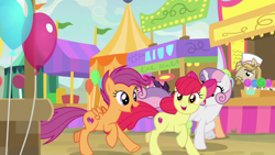 Size: 1920x1080 | Tagged: safe, derpibooru import, screencap, apple bloom, jeff letrotski, scootaloo, sweetie belle, growing up is hard to do, balloon, cutie mark crusaders, older