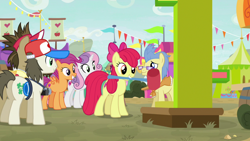 Size: 1920x1080 | Tagged: safe, derpibooru import, screencap, apple bloom, scootaloo, sweetie belle, growing up is hard to do, cutie mark crusaders, hammer, older, ring the bell