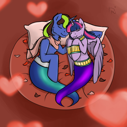 Size: 1920x1920 | Tagged: safe, artist:dark_nidus, derpibooru import, twilight sparkle, twilight sparkle (alicorn), oc, oc:pipa, alicorn, genie pony, pony, bed, canon x oc, clothes, collar, commission, cuddling, cute, eyes closed, genie, geniefied, heart, in bed, inside, lamp, petals, scarf, shipping, sleeping, smiling, story included, transformation, twipa, wristband, ych result