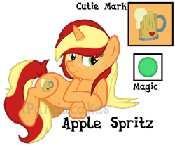 Size: 956x796 | Tagged: safe, artist:ipandacakes, derpibooru import, oc, oc only, oc:apple spritz, unicorn, horn, offspring, parent:applejack, parent:flim, parents:flimjack, reference sheet, simple background, solo, transparent background, unicorn oc