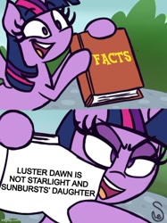 Size: 500x667 | Tagged: safe, derpibooru import, twilight sparkle, twilight sparkle (alicorn), alicorn, pony, background pony strikes again, comments locked on derpi, exploitable meme, facts, image macro, implied luster dawn, meme, twilight's fact book