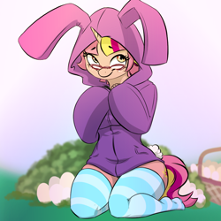 Size: 1000x1000 | Tagged: safe, artist:kennzeichen, derpibooru import, oc, oc only, anthro, bunny hood, clothes, commission, female, glasses, hoodie, oversized clothes, socks, solo, stockings, striped socks, thigh highs, your character here