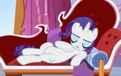 Size: 1485x938 | Tagged: safe, derpibooru import, screencap, rarity, pony, unicorn, ppov, cropped, eyes closed, fainting couch, reclining, solo