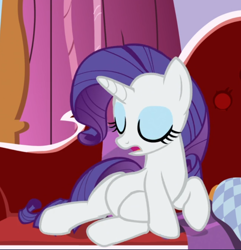 Size: 838x870 | Tagged: safe, derpibooru import, screencap, rarity, pony, unicorn, ppov, cropped, eyes closed, fainting couch, open mouth, reclining, solo