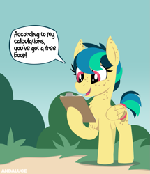 Size: 1127x1308 | Tagged: safe, artist:andaluce, derpibooru import, oc, oc:apogee, pegasus, pony, chest fluff, chest freckles, cute, ear freckles, female, filly, freckles, solo, speech bubble, teenager