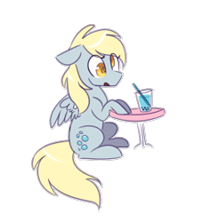Size: 1280x1355 | Tagged: safe, artist:breadcipher, derpibooru import, derpy hooves, pegasus, pony, bubble tea, cute, derpabetes, drink, female, floppy ears, mare, simple background, sitting, solo, straw, table, transparent background