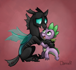 Size: 664x610 | Tagged: safe, artist:breadcipher, derpibooru import, spike, thorax, changeling, dragon, the times they are a changeling, crying, duo, male, open mouth, red background, simple background, smiling, tears of joy, teary eyes