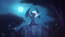 Size: 4500x2600 | Tagged: safe, artist:kridershot, derpibooru import, oc, oc:midnight harmony, bat pony, firefly (insect), insect, pony, bat wings, cliff, forest, frown, mare in the moon, moon, night, sitting, sky, solo, spread wings, stars, tree, weapon, wings