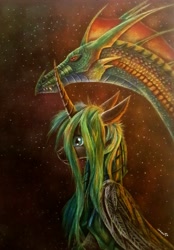 Size: 2819x4057 | Tagged: safe, artist:cahandariella, derpibooru import, oc, alicorn, dragon, armor, fanfic art, feather, night, solo, traditional art