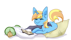 Size: 4850x2775 | Tagged: safe, artist:dar_onegin, derpibooru import, oc, oc only, oc:skydreams, pony, unicorn, blanket, blushing, book, commission, cushion, eyebrows visible through hair, eyes closed, female, mare, pillow, raised tail, smiling, solo, tail, ych result