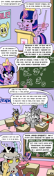 Size: 750x2400 | Tagged: safe, artist:bjdazzle, derpibooru import, cozy glow, discord, grogar, lord tirek, princess luna, queen chrysalis, starlight glimmer, stygian, tempest shadow, twilight sparkle, twilight sparkle (alicorn), alicorn, centaur, changeling, changeling queen, draconequus, pegasus, pony, the ending of the end, antagonist, apple, banner, book, chair, chalk, chalkboard, classroom, colored horn, comic, crown, curved horn, desk, disembodied horn, drawing, equal sign, eye clipping through hair, female, filly, food, horn, jewelry, karma, leaning back, lecture, legion of doom statue, levitation, magic, male, mare, moon, motivational, netitus, notebook, pencil, petrification, podium, pointer, poster, punishment, reformation, reformed villain, regalia, rockhoof's shovel, season 9 retirement party, shield, shovel, smiley face, sombra's horn, spread wings, starswirl's book, statue, storm king's emblem, sun, teacher, teaching, telekinesis, wall of tags, wings