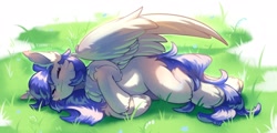 Size: 2500x1195 | Tagged: safe, artist:peachmayflower, derpibooru import, oc, oc only, oc:gabriel, pegasus, pony, blank flank, commission, eyes closed, fluffy, grass, lying down, smiling, solo