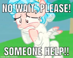 Size: 1200x962 | Tagged: safe, derpibooru import, edit, edited screencap, screencap, cozy glow, pegasus, pony, the ending of the end, begging, caption, drama, fear, female, filly, image macro, meme, scared, solo, text, turned to stone