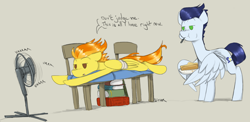 Size: 2150x1050 | Tagged: safe, artist:sinrar, derpibooru import, soarin', spitfire, pegasus, pony, bandage, book, chair, duo, electric fan, female, food, injured wing, male, mare, no pupils, pie, speech bubble, stallion, that pony sure does love pies, the pegasus is grounded, wing hands, wings