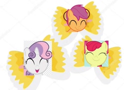 Size: 1375x1009 | Tagged: safe, derpibooru import, edit, apple bloom, scootaloo, sweetie belle, earth pony, pegasus, unicorn, cartoon, cute, cutie mark crusaders, eyes closed, farfalle, food, pasta, shadow, simple background, smiling