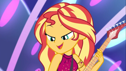 Size: 1366x768 | Tagged: safe, artist:axelsanchez, derpibooru import, sunset shimmer, better together, equestria girls, spring breakdown, all good (song), bracelet, clothes, dress, guitar, jewelry, musical instrument, new hairstyle, sleeveless, solo