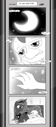 Size: 1451x3300 | Tagged: safe, artist:loreto-arts, derpibooru import, princess luna, spike, alicorn, dragon, pony, comic:friendship is innuendo, comic:friendship is innuendo vol. 2, :t, here we go again, monochrome, prone, tangible heavenly object