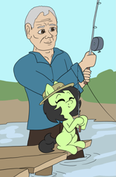 Size: 989x1500 | Tagged: safe, artist:happy harvey, derpibooru import, oc, oc:anon filly, earth pony, human, pony, blank flank, clothes, crossover, dock, drawn on phone, elderly, female, filly, fishing, fishing rod, happy, hat, jeremy wade, male, pier, river monsters, sitting, standing, wading