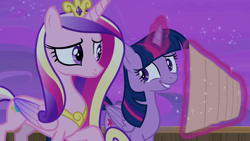 Size: 1280x720 | Tagged: safe, derpibooru import, screencap, princess cadance, twilight sparkle, twilight sparkle (alicorn), alicorn, pony, once upon a zeppelin, duo, duo female, female, sisters-in-law