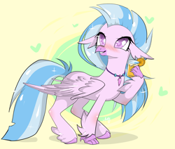 Size: 5384x4576 | Tagged: safe, artist:amywhandicy, derpibooru import, silverstream, classical hippogriff, hippogriff, absurd resolution, blushing, colored hooves, colored pupils, cute, diastreamies, female, heart, jewelry, juice, necklace, orange juice, solo