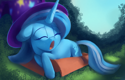 Size: 4200x2700 | Tagged: safe, artist:auroriia, derpibooru import, trixie, pony, unicorn, cardboard box, clothes, cute, diatrixes, female, hat, mare, solo, trixie's hat, yawn