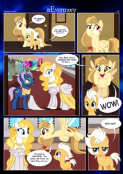 Size: 3259x4607 | Tagged: safe, artist:estories, derpibooru import, oc, oc only, oc:alice goldenfeather, oc:fable, oc:golden jewel, earth pony, pegasus, pony, comic:nevermore, ..., brother and sister, clothes, colt, comic, costume, cute, dialogue, earth pony oc, female, male, mare, mother and child, mother and daughter, mother and son, ocbetes, parent and child, pegasus oc, siblings, speech bubble, stallion, wings