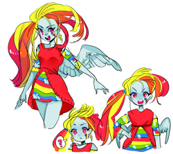 Size: 1483x1314 | Tagged: safe, artist:komunhorangi, derpibooru import, rainbow dash, equestria girls, clothes, cutie mark, cutie mark on equestria girl, doubt, dress, ear piercing, earring, jewelry, piercing, pony coloring, ponytail, question mark, solo