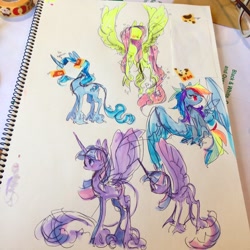 Size: 1024x1024 | Tagged: safe, artist:komunhorangi, derpibooru import, fluttershy, rainbow dash, twilight sparkle, twilight sparkle (alicorn), alicorn, pegasus, pony, highlighter drawing, sketch, traditional art