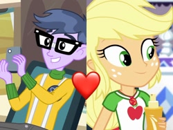 Size: 1372x1029 | Tagged: safe, derpibooru import, applejack, microchips, better together, equestria girls, equestria girls (movie), blonde hair, dork, geode of super strength, heart, iphone, magical geodes, microjack, nerd, shipping, shipping domino, suspenders