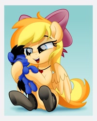 Size: 1640x2048 | Tagged: safe, artist:jhayarr23, derpibooru import, oc, oc only, oc:wingblossom, oc:xeto, pegasus, blonde, bow, clothes, cuddling, female, heart, jewelry, male, mare, necklace, open mouth, plushie, socks, stallion, stockings, thigh highs, tights